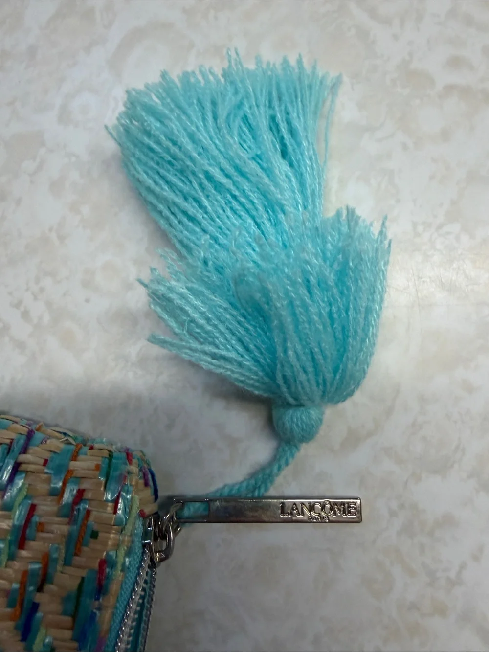 Lancôme Turquoise Tassel Woven Straw Clutch cosmetic case woven